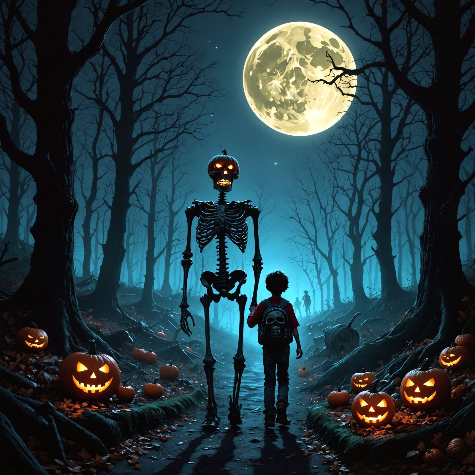 Spooky Forest Scene: Child, Skeleton, and Pumpkin