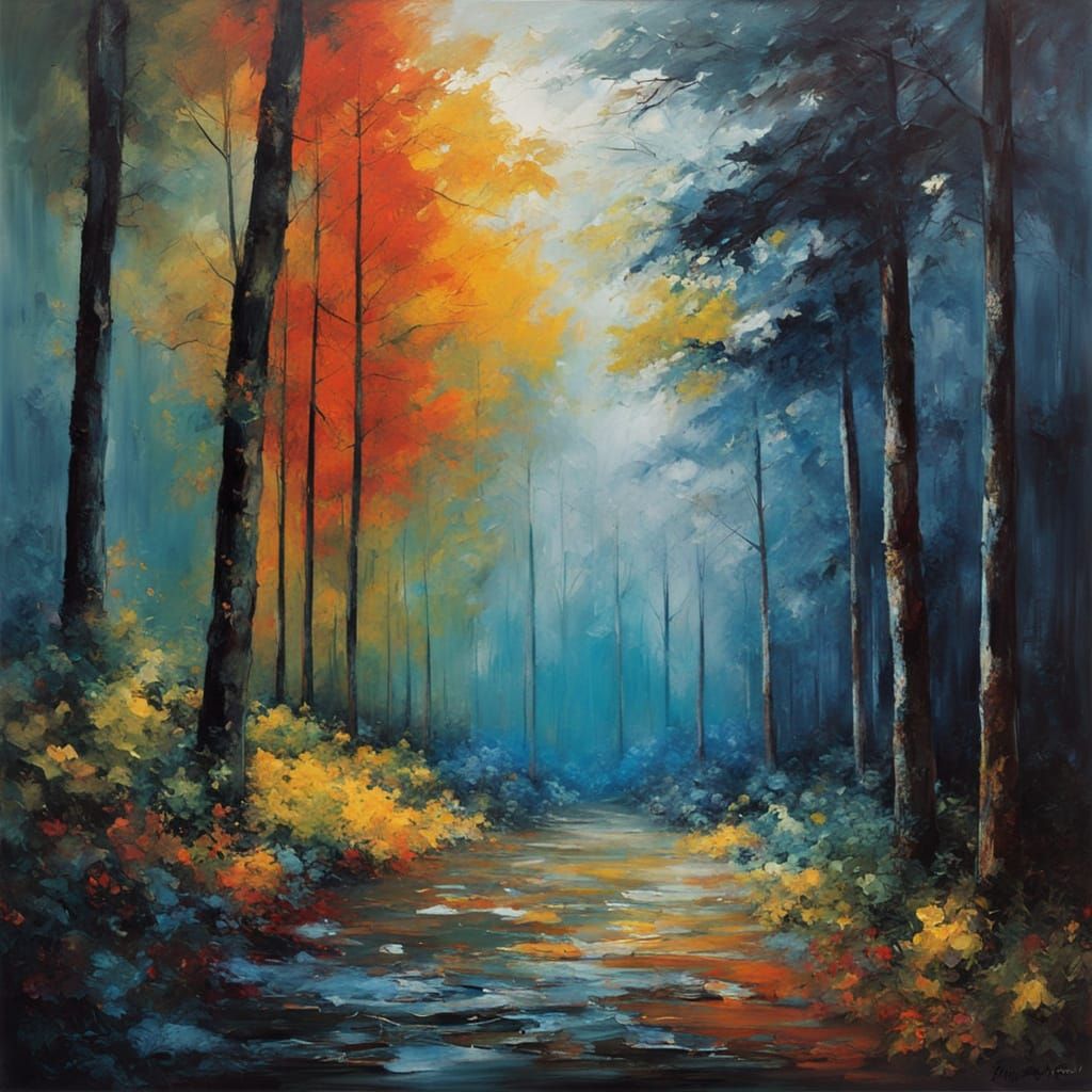 Rustic Forest Oil Painting With Deep Blues and Textured Brus...