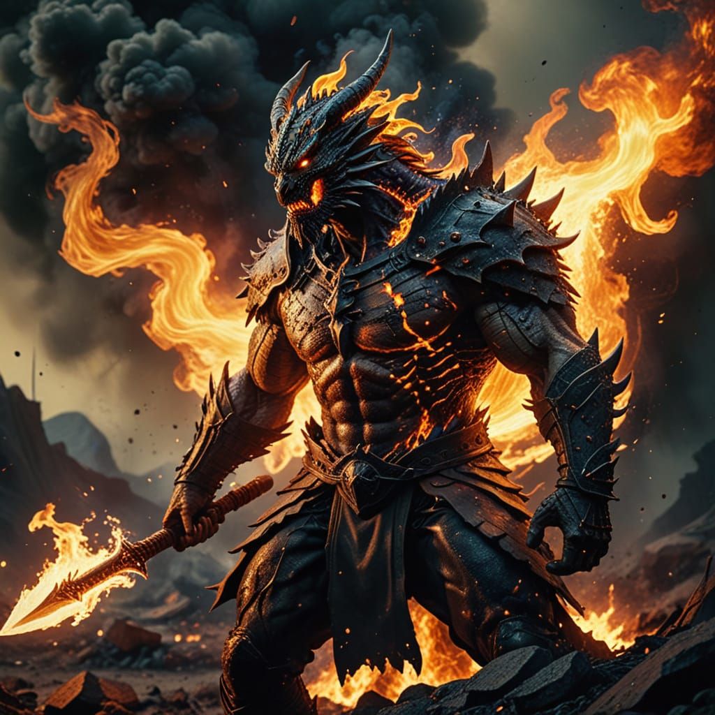 Half-Dragon Warrior Unleashes Fury in Fiery Battlefield