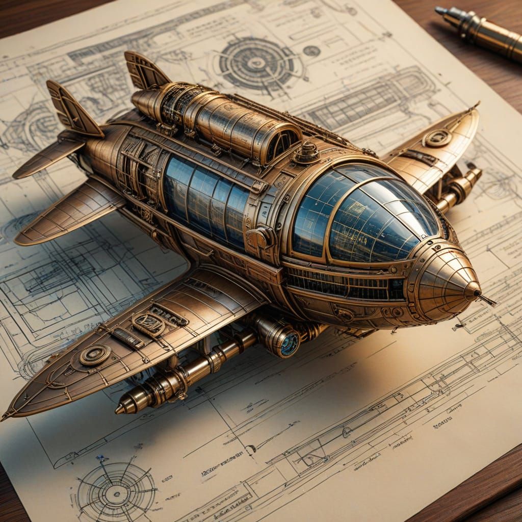 Steampunk Spaceship Blueprints: Detailed Ink Illustration