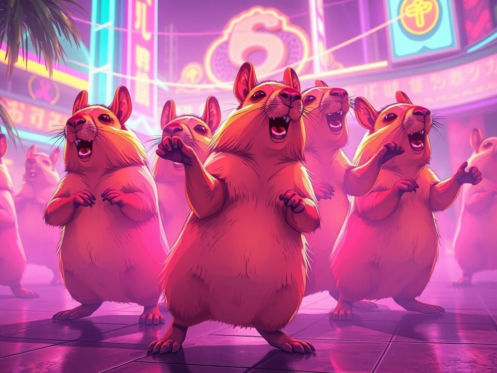Ecstatic Capybaras Rave in Anime Neonscape