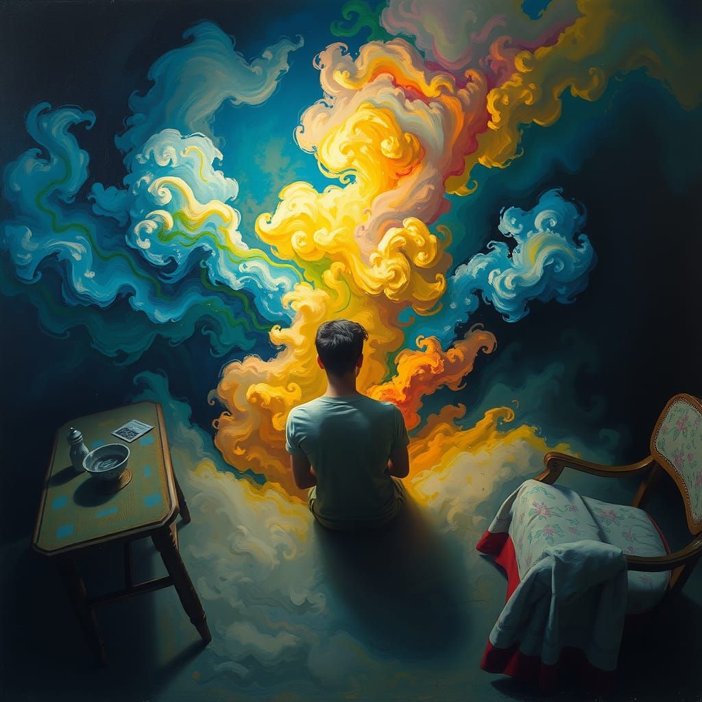 Contemplative Figure Amidst Swirling Abstract Colors