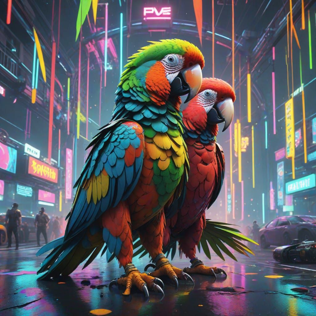 Cyberpunk Parrots Engage in Epic Fist Fight