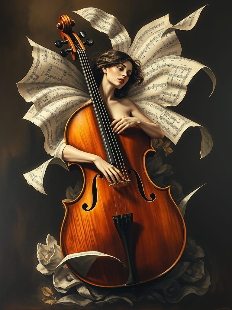Surreal Cello Woman in Dreamlike Chiaroscuro