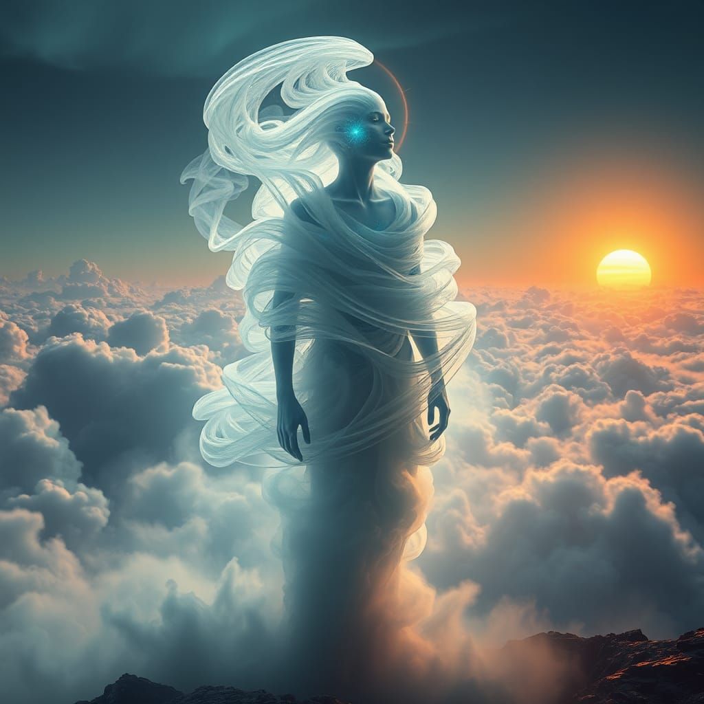 Ethereal Humanoid Figure in Aurora-Lit Cosmos