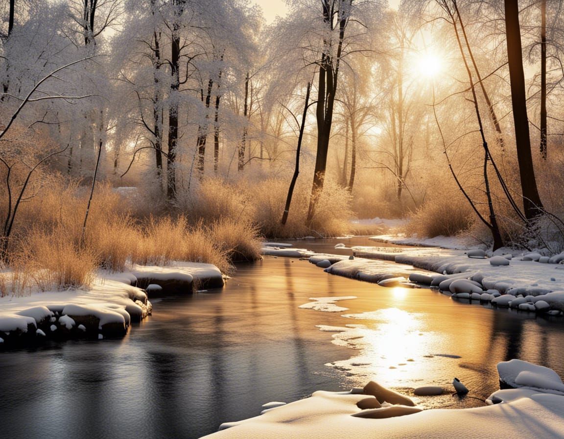 Icy Winter River Forest at Sunrise