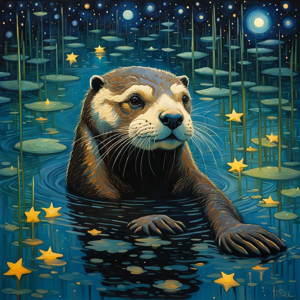 Magical Nighttime Otter in Expressionist Style