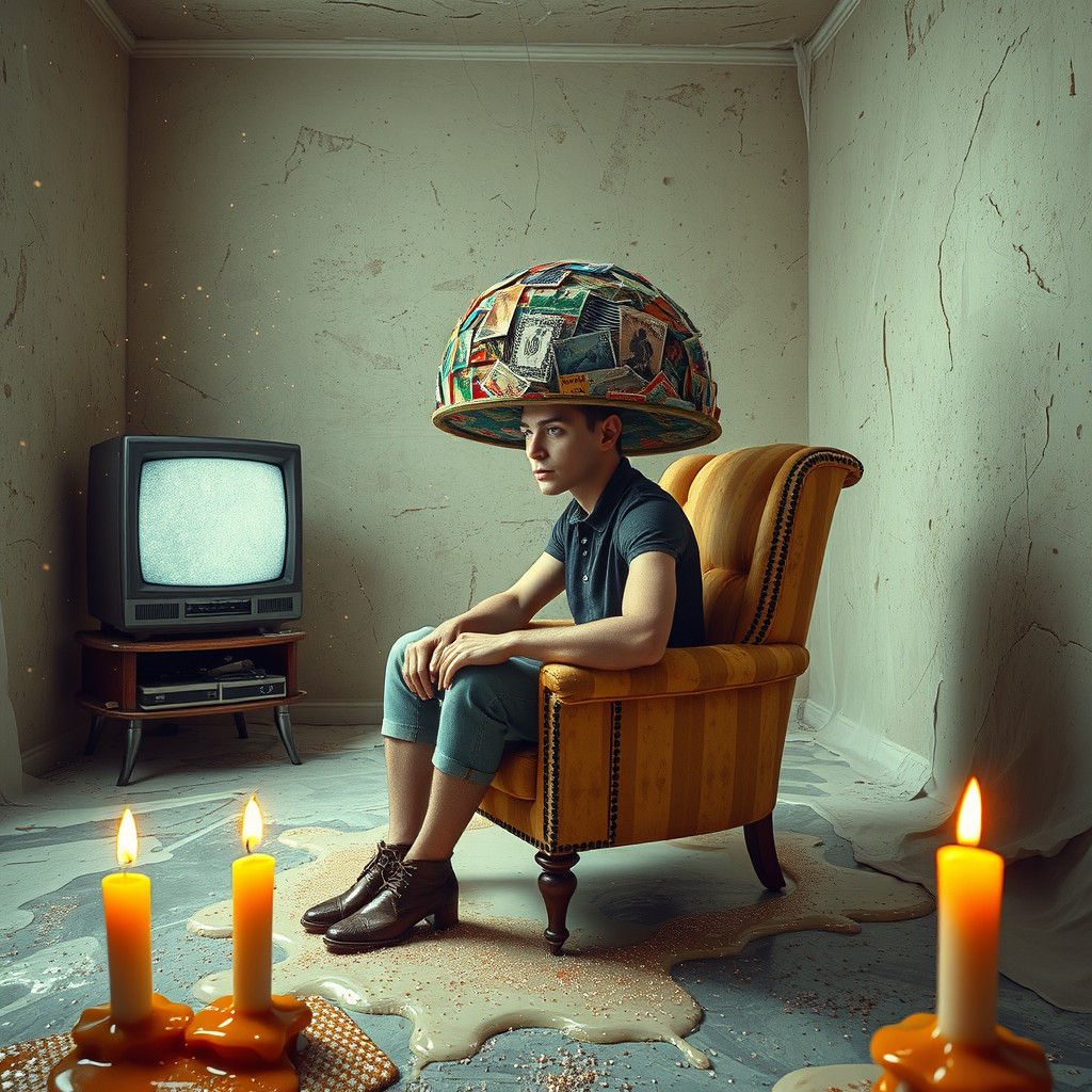 Surreal Portrait with Stamp Hat in Melting Room