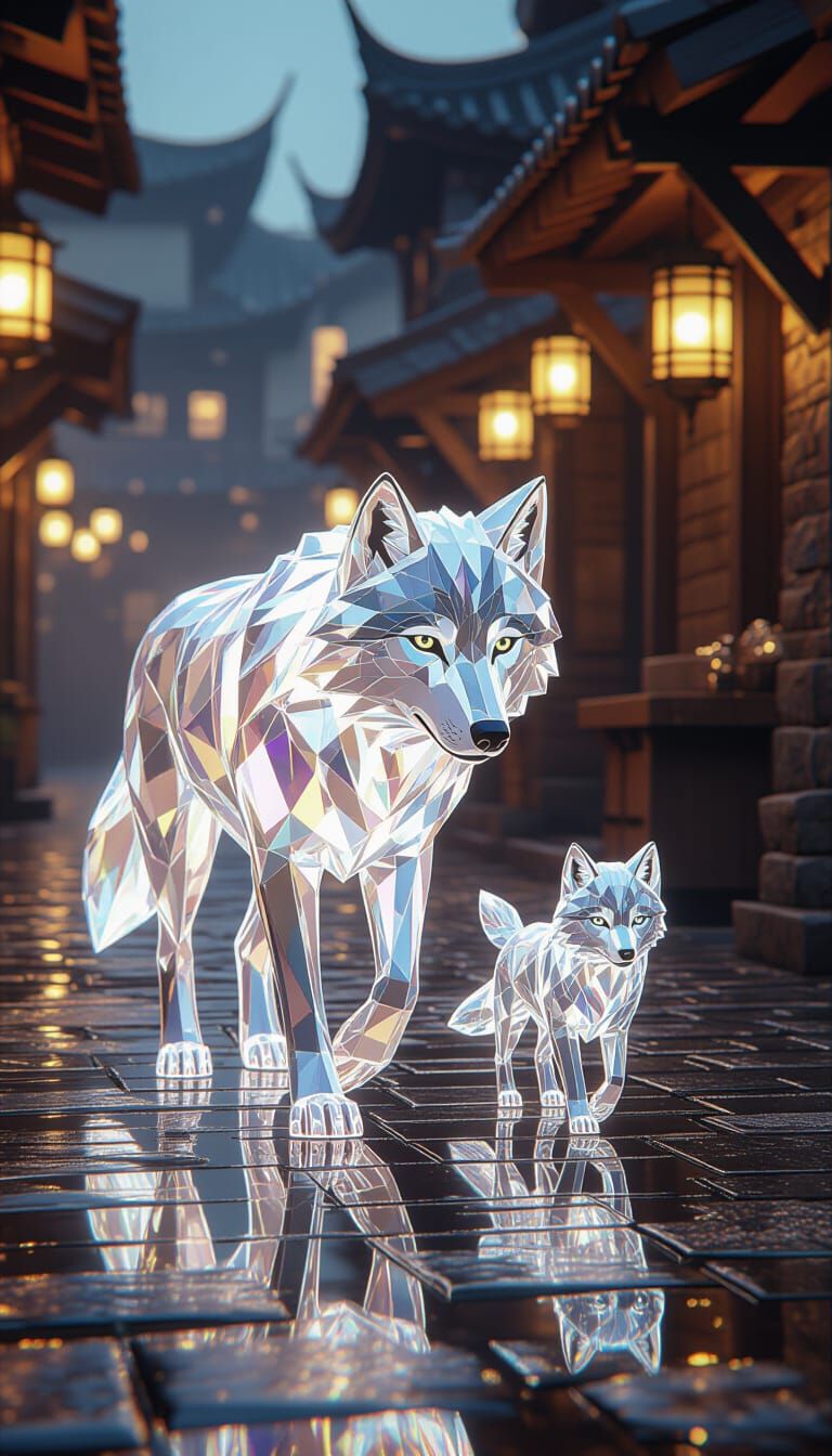 Crystal Wolves in Vintage Lantern Light