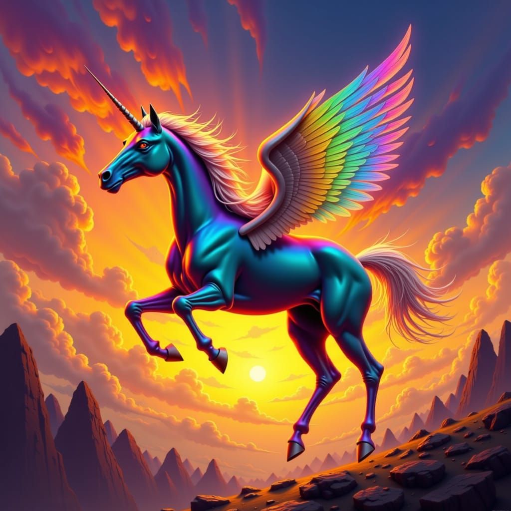 Rainbow Pegasus Soaring at Sunrise: Dreamlike Art