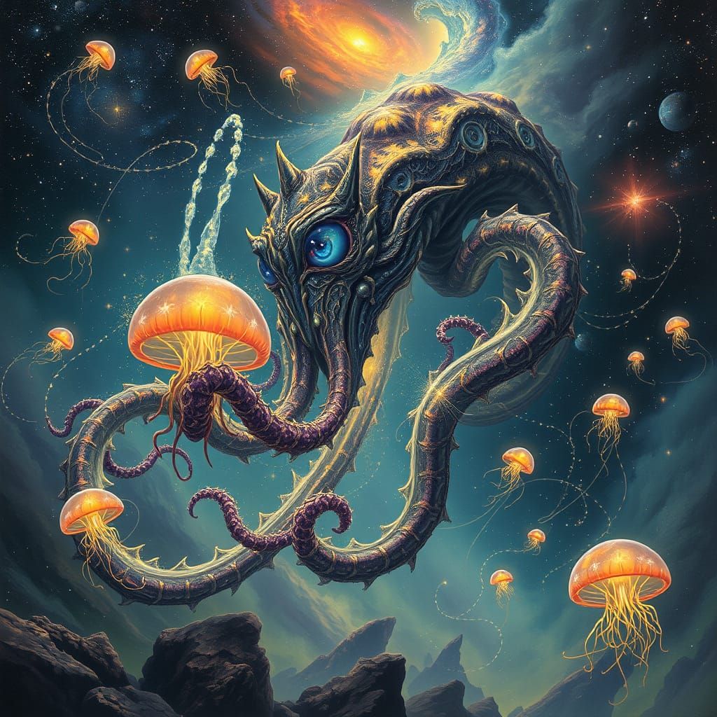 Celestial Kraken in Nebula with Bioluminescent Plankton