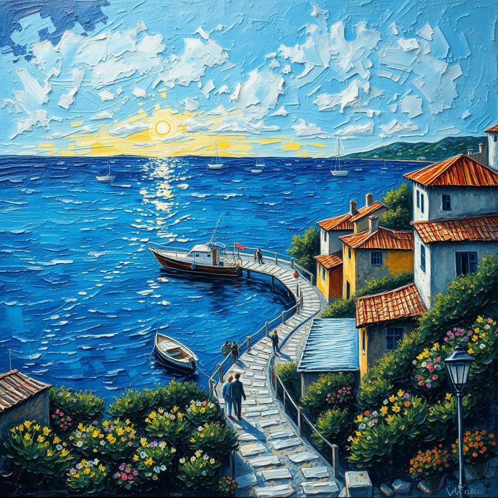 Nostalgic Seaside Village in Expressionist Oil Painting