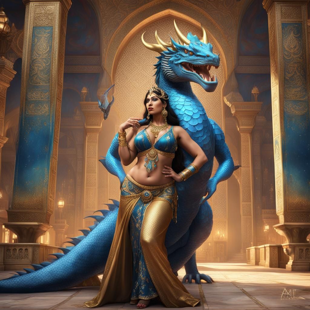 Arab Belly Dancer Kisses Dragon: Fantasy Art