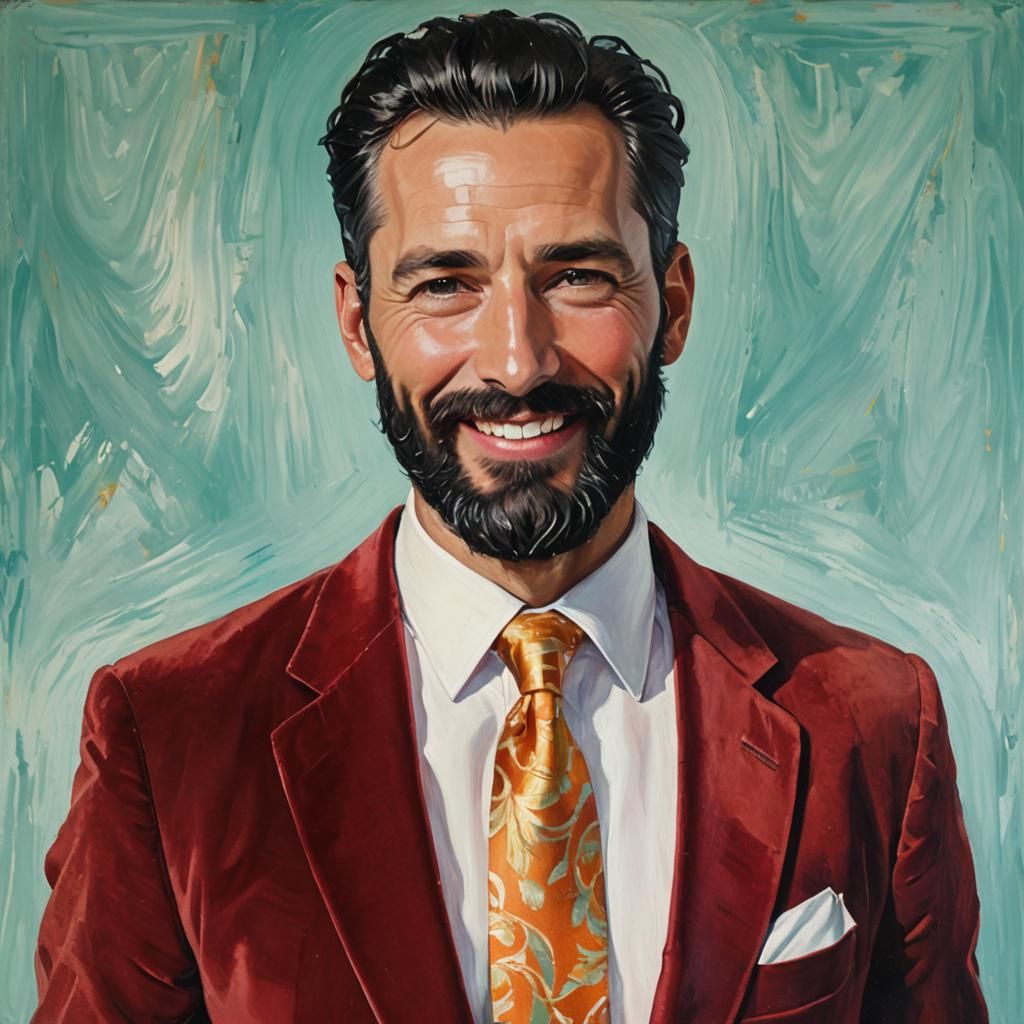 Smiling Man in Red Velvet Suit, Neo-Impressionist Oil Painti...