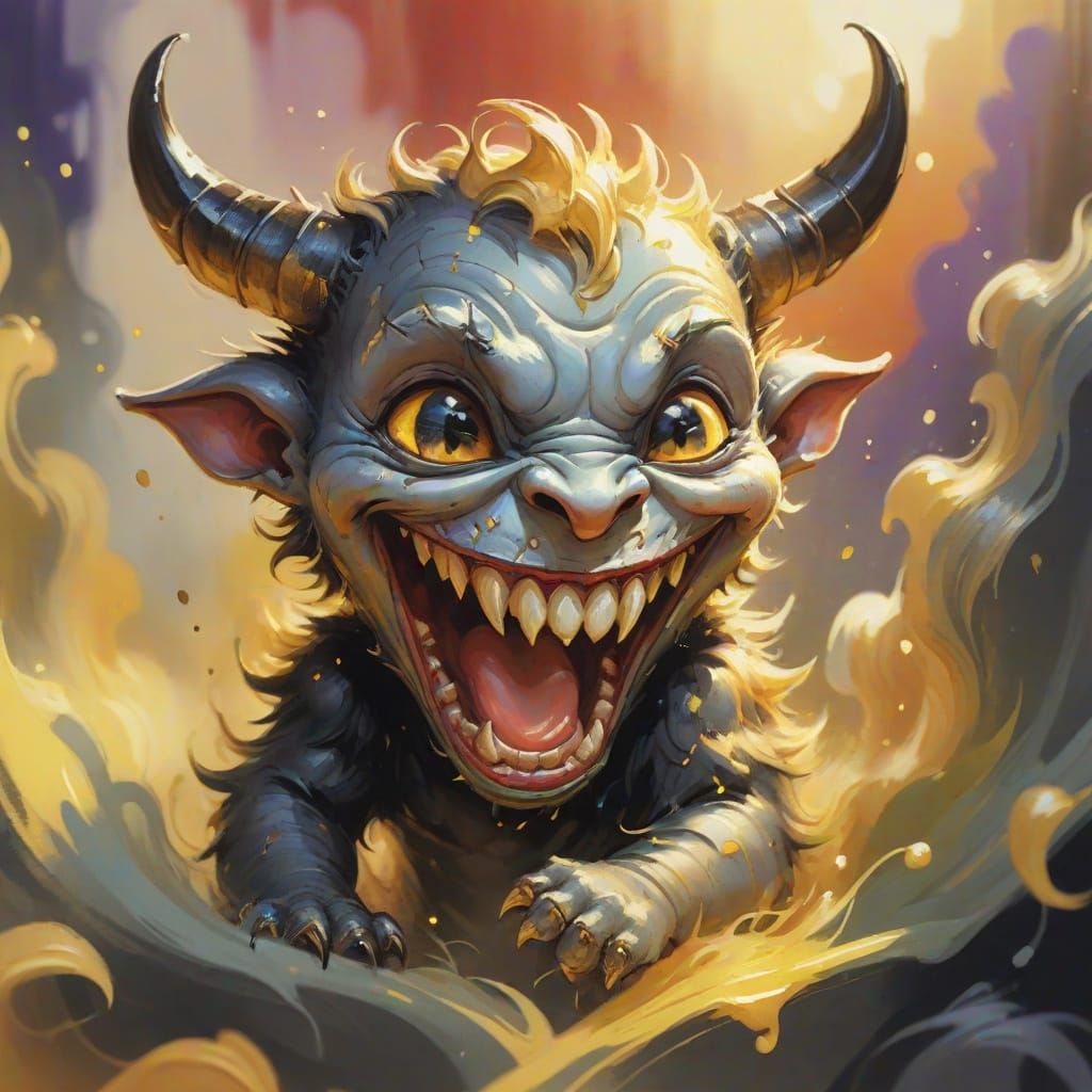 Joyful Baby Demon Laughing: Ink and Gouache Illustration