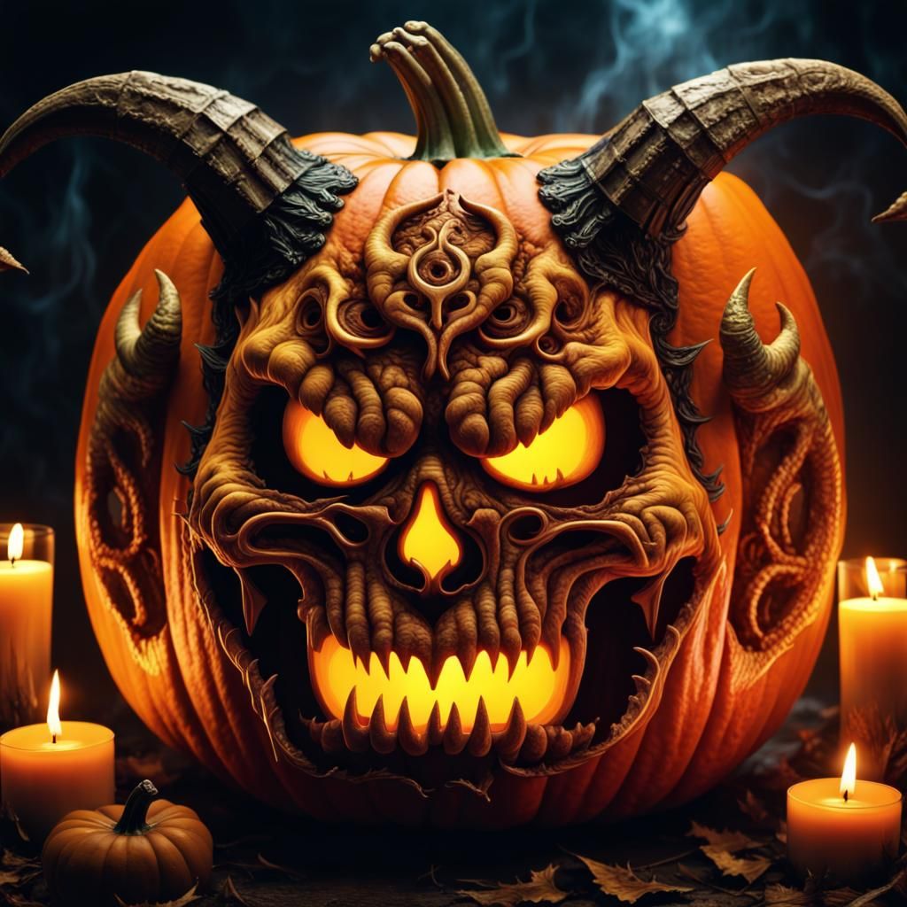 Illuminated Demon Pumpkin Face: Digital Matte Painting