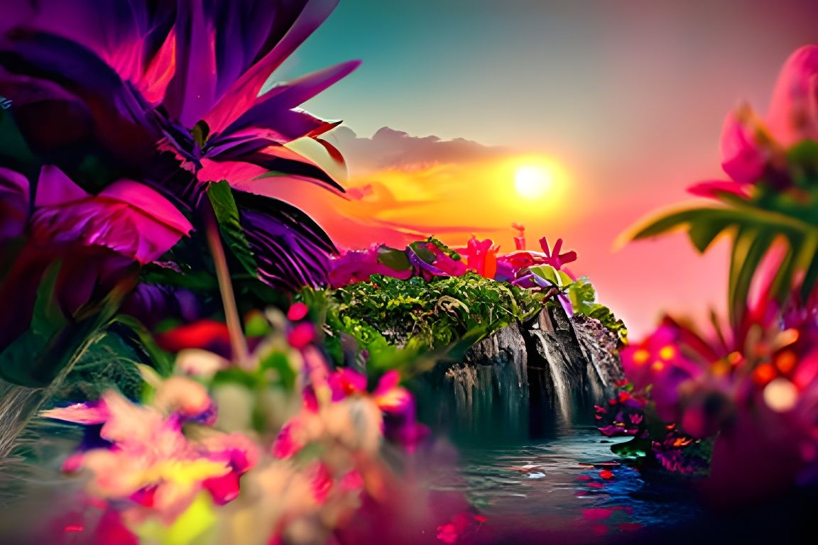 fantasy tropical landscape lush green valleys and white beac...