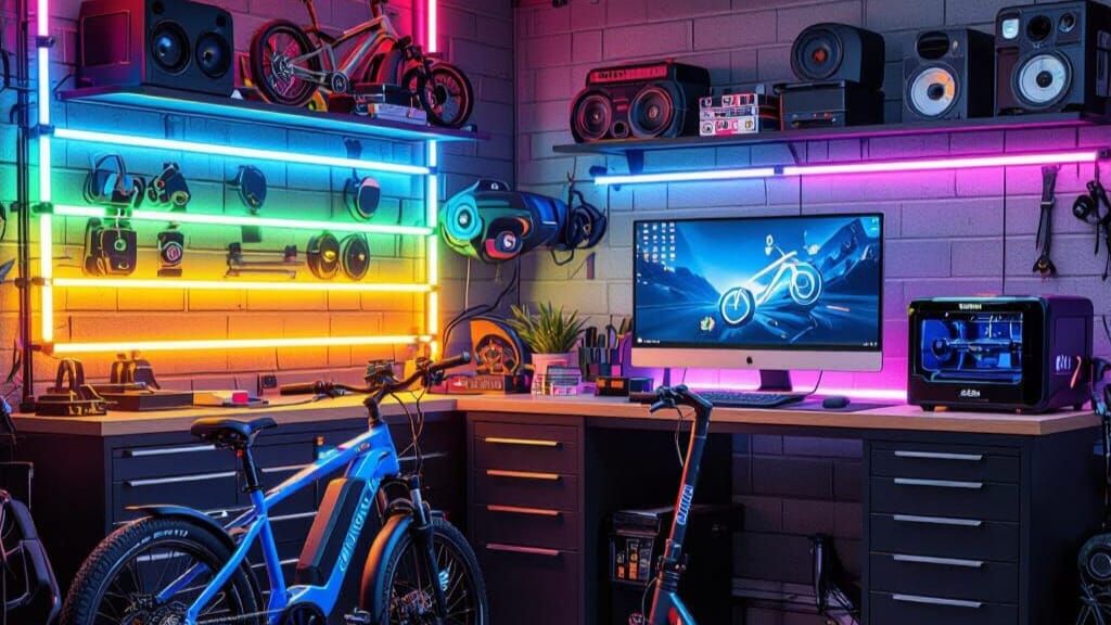 Futuristic Garage with Ebike and Tech, in Syd Mead Style