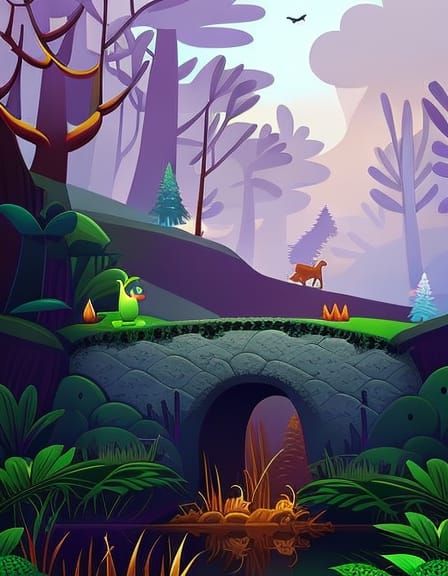 Forest Animals Build Bridge: Kurzgesagt-Style Vector Art