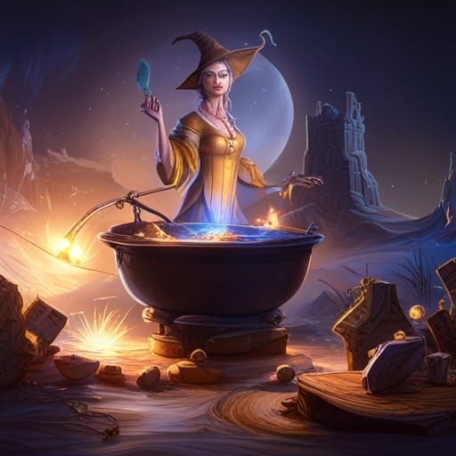 Crystals, Witch and Cauldron in Detailed Painting