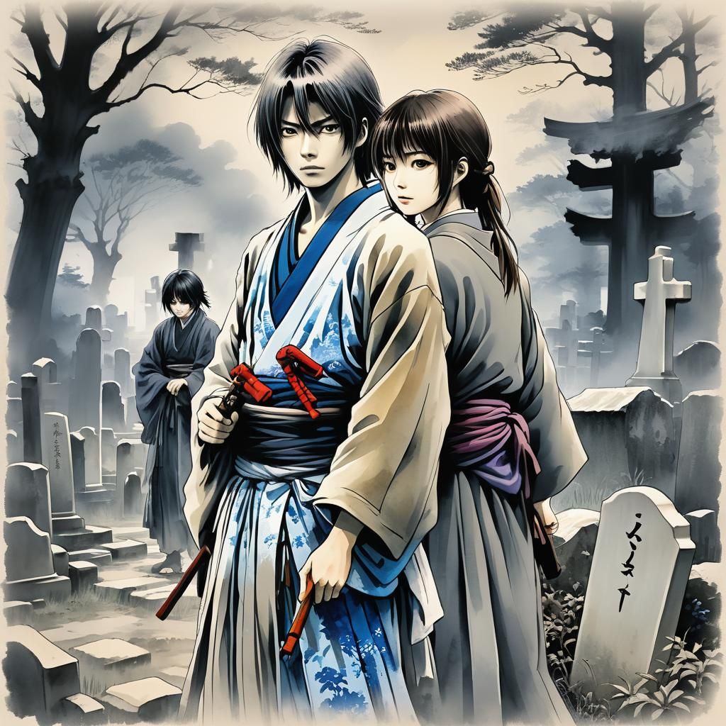 Portrait, Kenshin Himura, Misty Graveyard, figures in backgr...