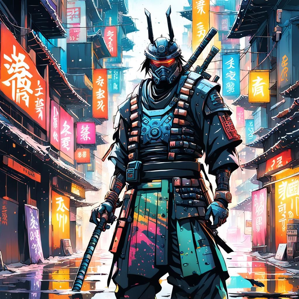 Cyborg Samurai in Cyberpunk City: Graffiti Art