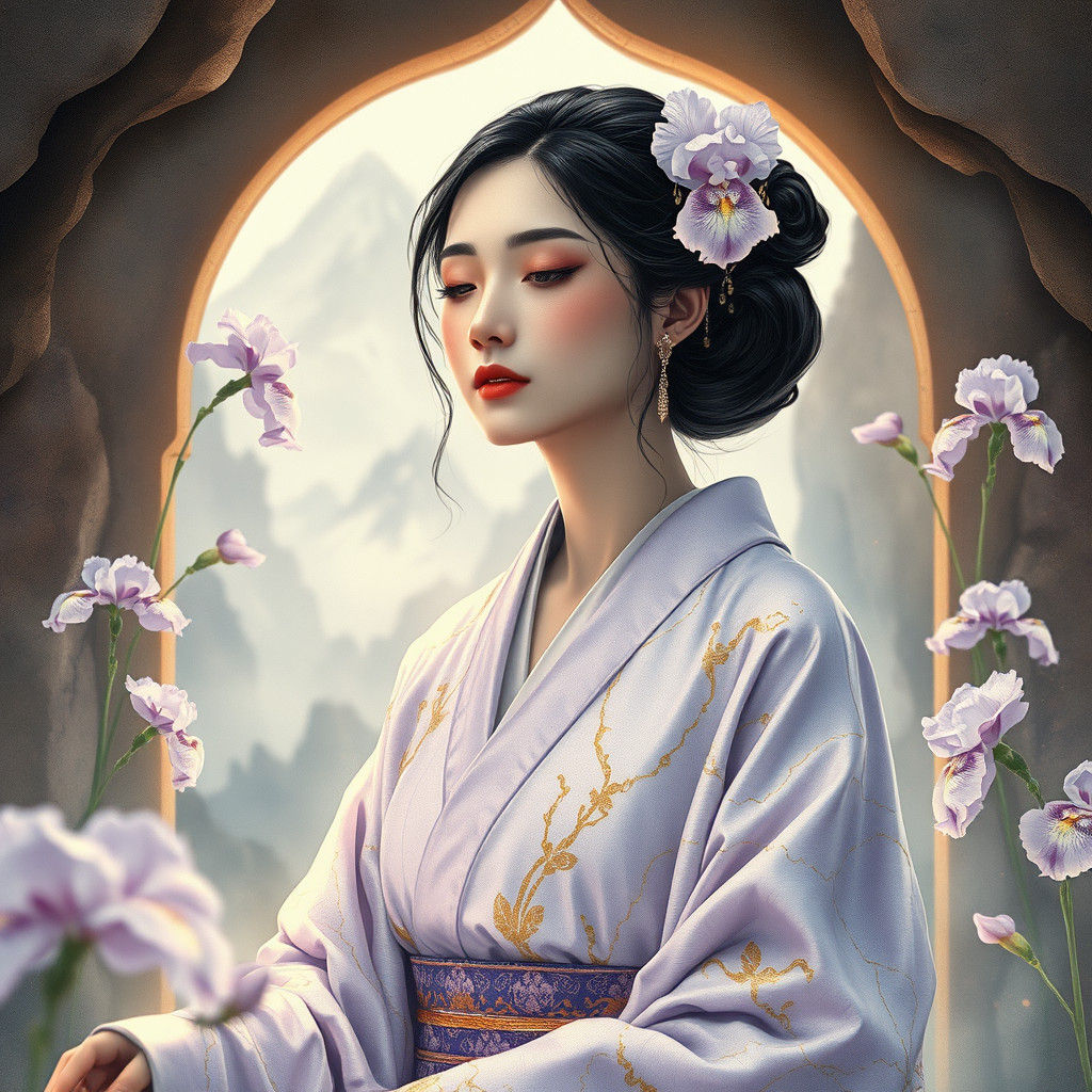 Meditating Woman in Mountain Shrine, Art Nouveau Portrait