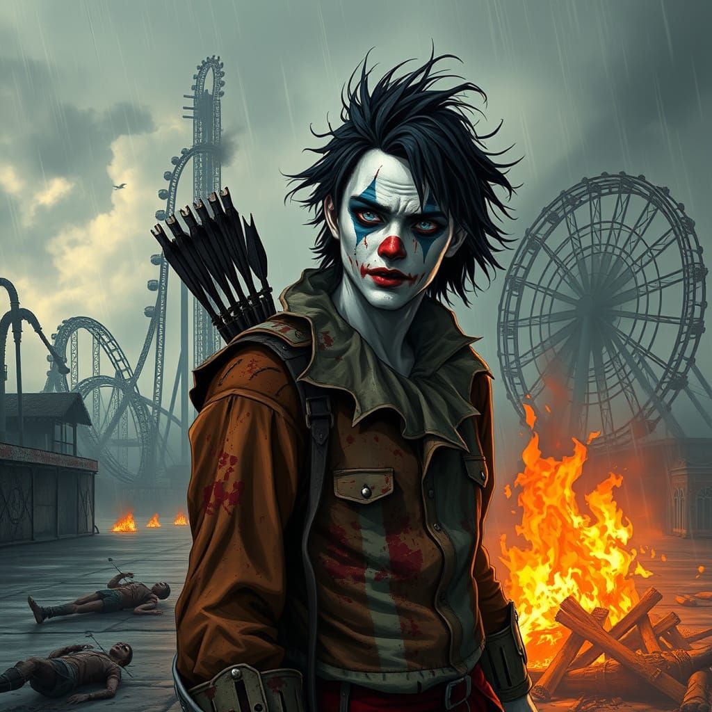 Tattered Carnie Gathers Bonfire in Ruined Amusement Park