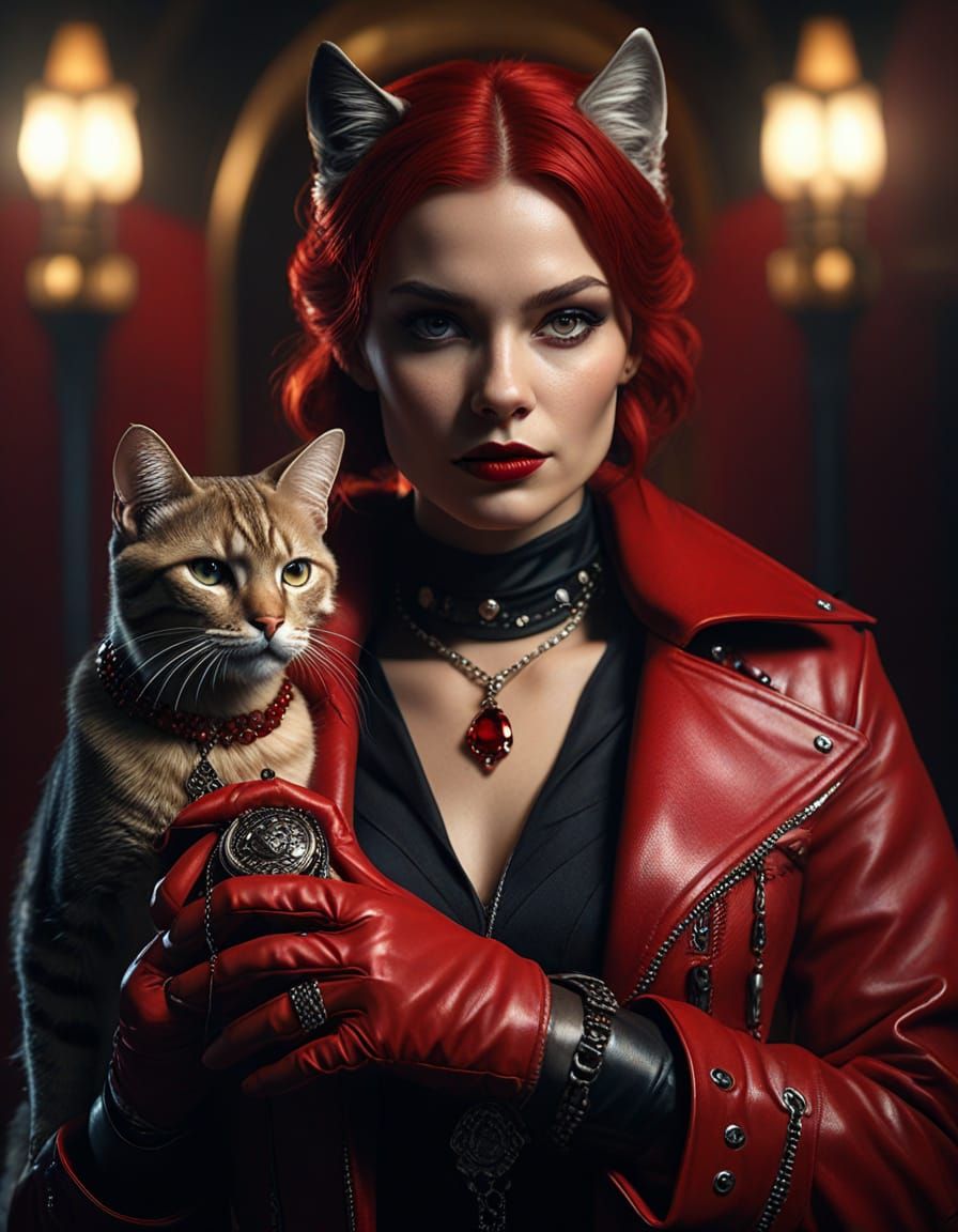 Gothic Glamour Feline Woman in Red Leather, Jewels