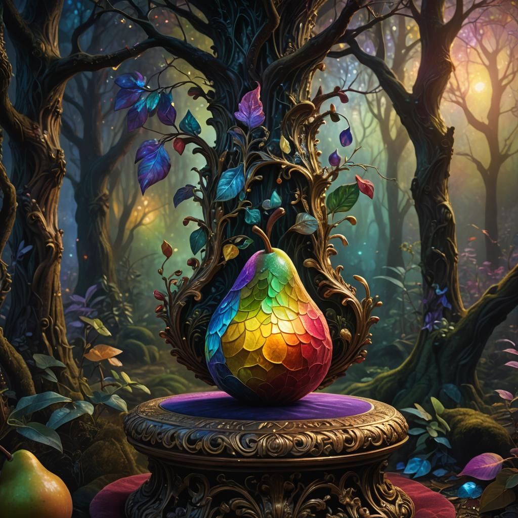 Glowing Rainbow Pear in Mystical Forest
