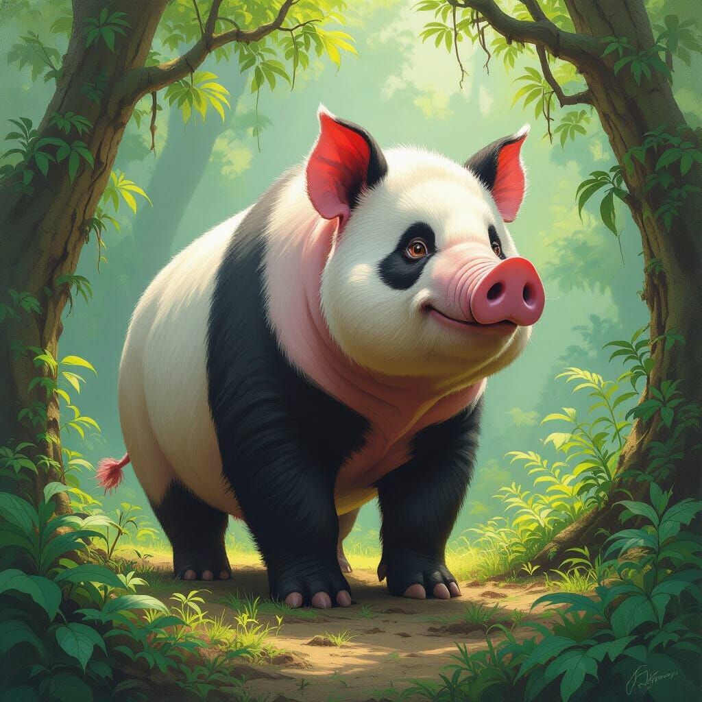 Fantastical Pig Elephant Panda Hybrid in Ancient Forest Oil ...