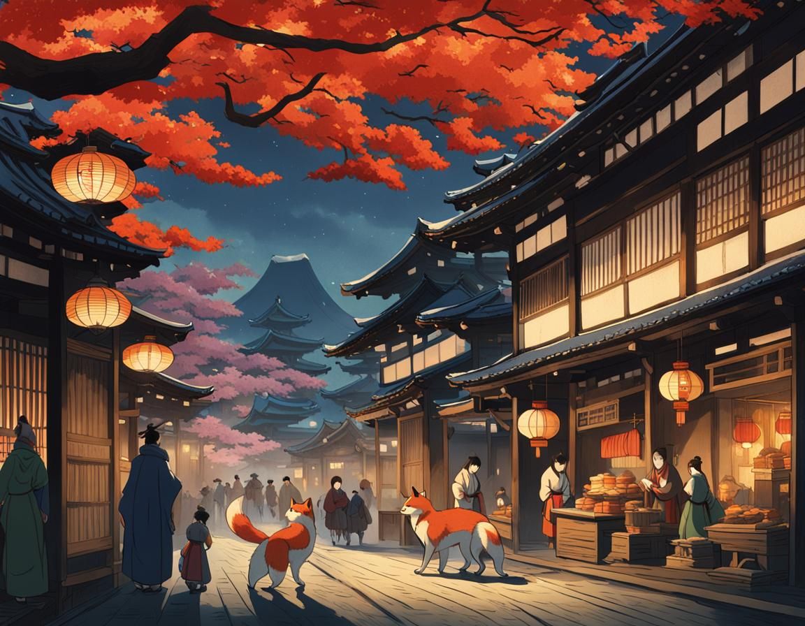 Mythical Edo Marketplace Inspired by Hiroshige and Ghibli