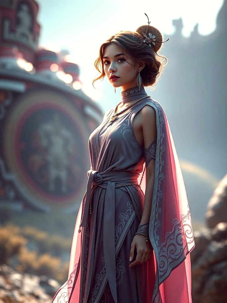 Mystical Girl in Surreal Landscape, Hyperrealistic Portrait