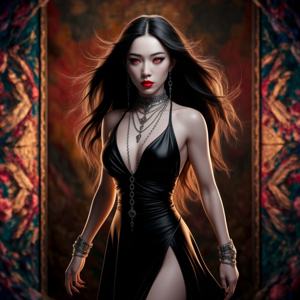Asian Vampire Witch in Black Dress with Silver Jewelry