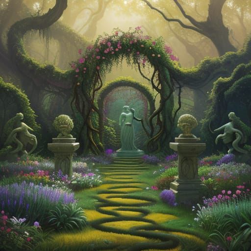 Ethereal Figure in a Mystical Surrealist Garden
