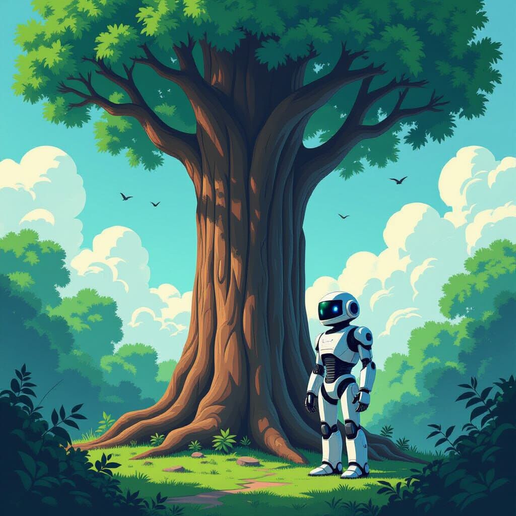 Robot Beside a Towering Tree in Lush Foliage