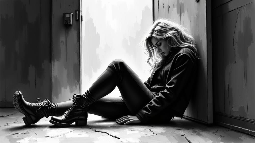 Gloomy Charcoal Sketch of Woman Sleeping in Cell