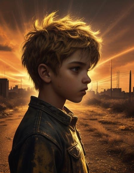 Child in Flame Costume in Desolate Landscape