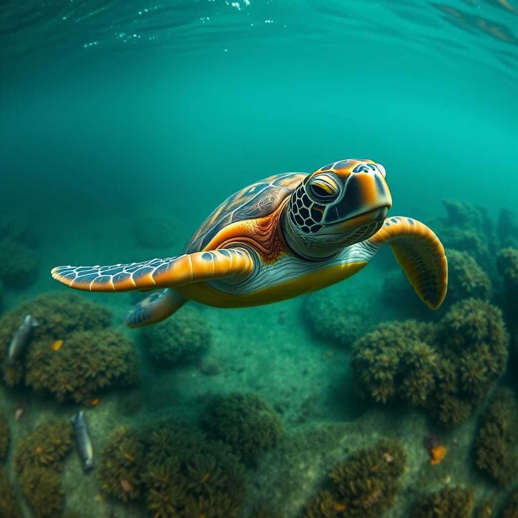 Hyperrealistic Sea Turtle Underwater Scene