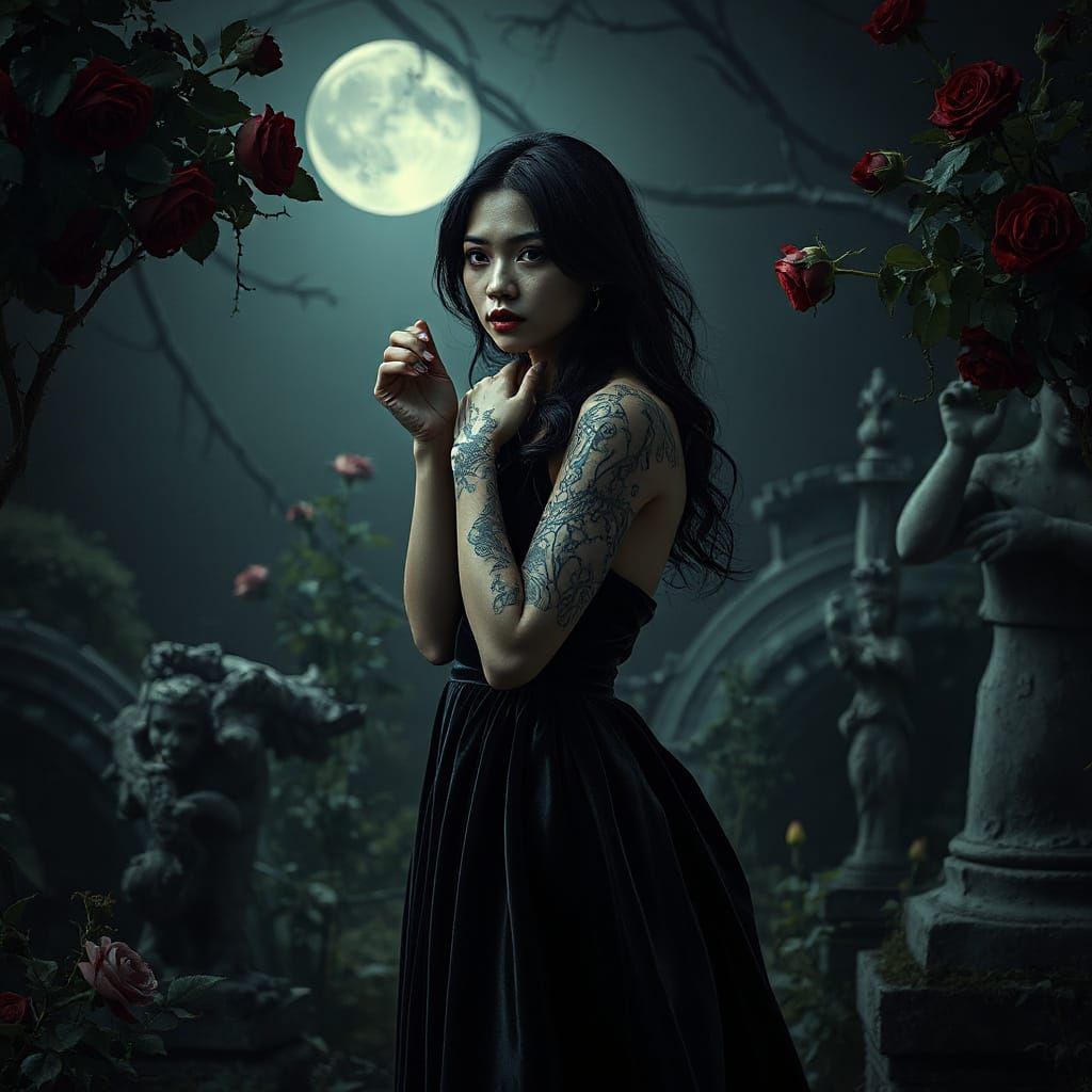 Ethereal Filipina Woman in Moonlit Gothic Garden