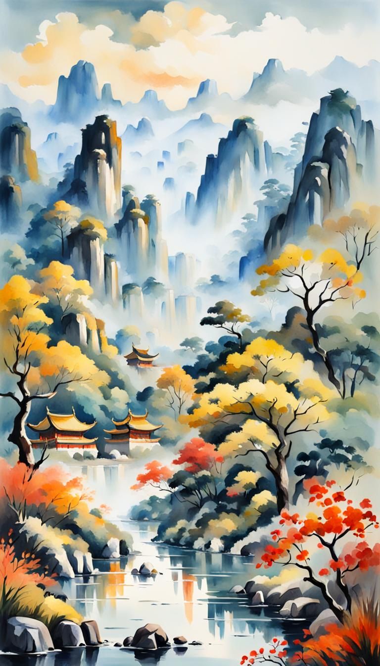 Gouache Chinese Landscape: Impressionist Masterpiece