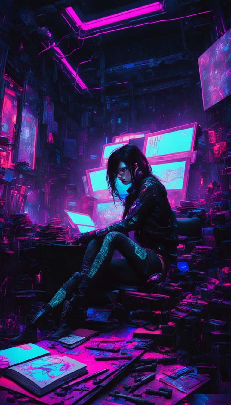 Anime Tattoo Artist in Neon-Lit Cyberpunk Studio