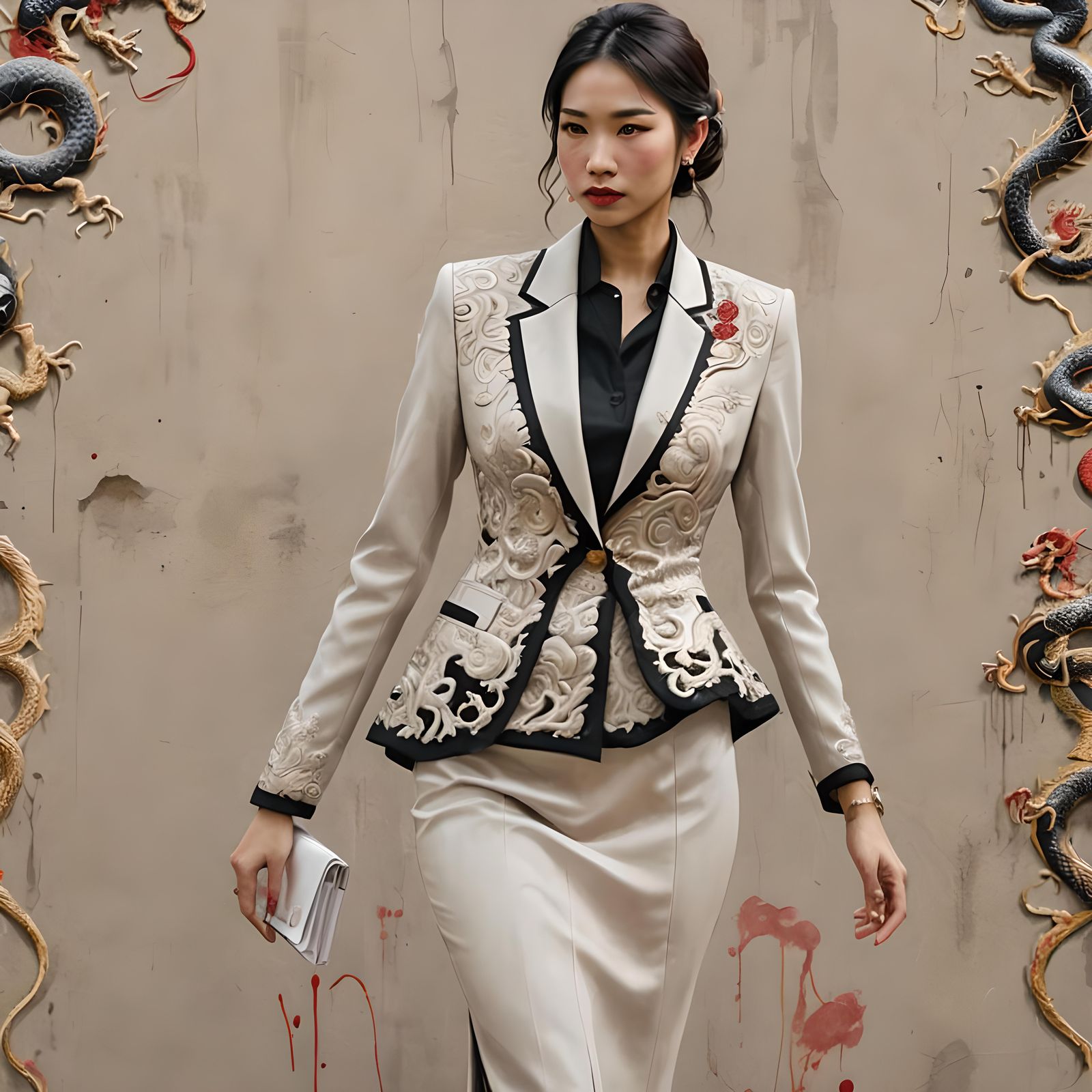 Elegant Woman in Dragon Dress: Graffiti Art Style