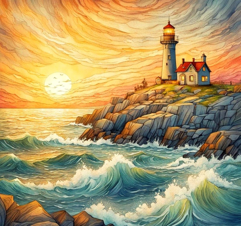 Whimsical Lighthouse Illustration in Tove Jansson Style