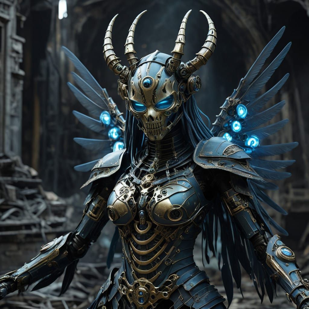 Cyberpunk Android Necromancer in Post-Apocalyptic Ruins