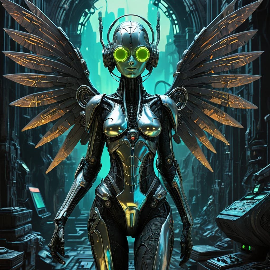 Surreal Android Ruins Scene with Raver Angel and Bioluminesc...