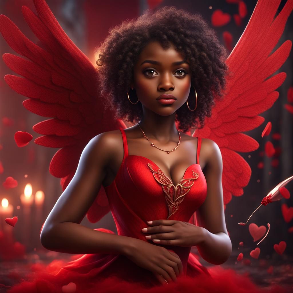 African American Cupid Girl in Red Dress