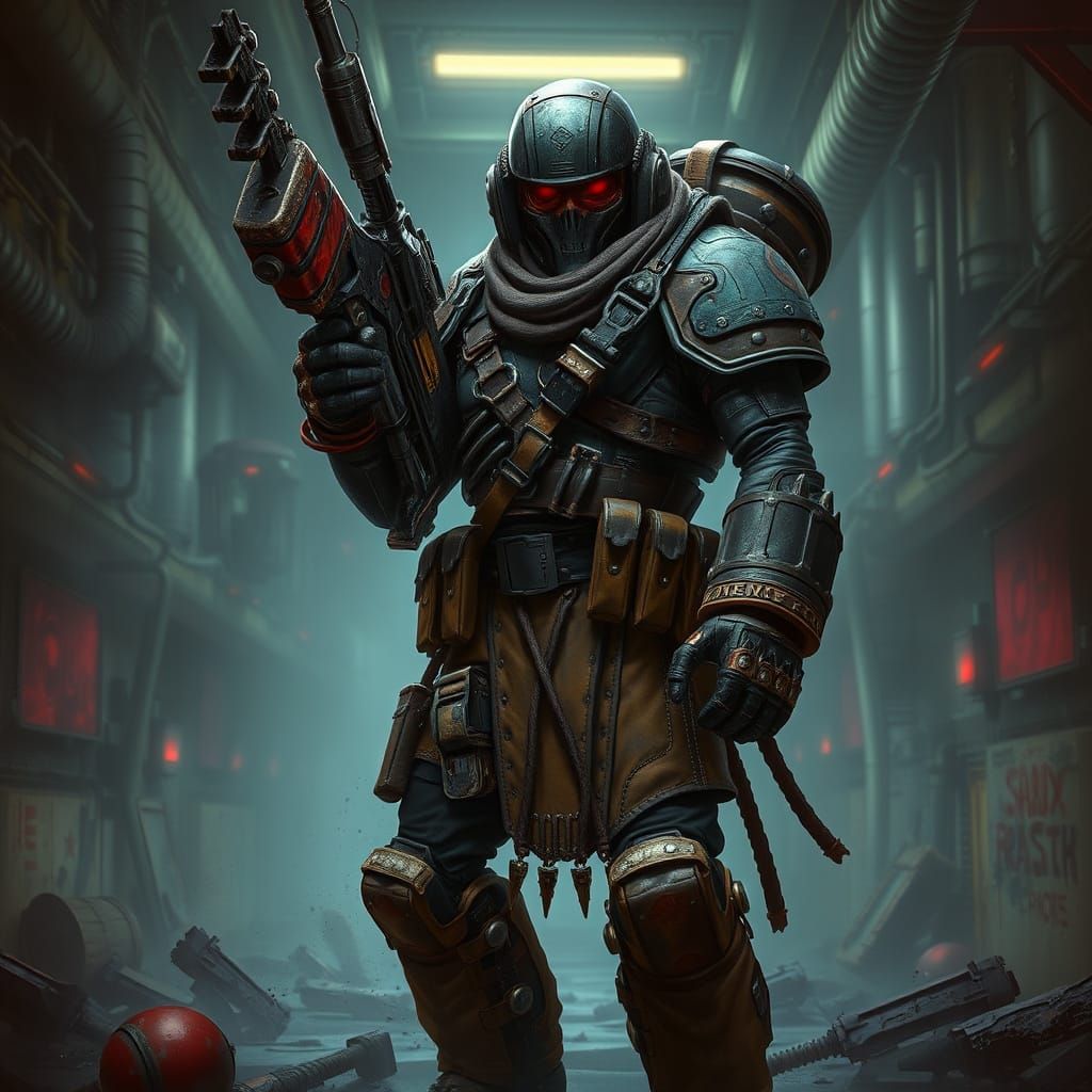 Cyberpunk Bounty Hunter in Gothic Underworld