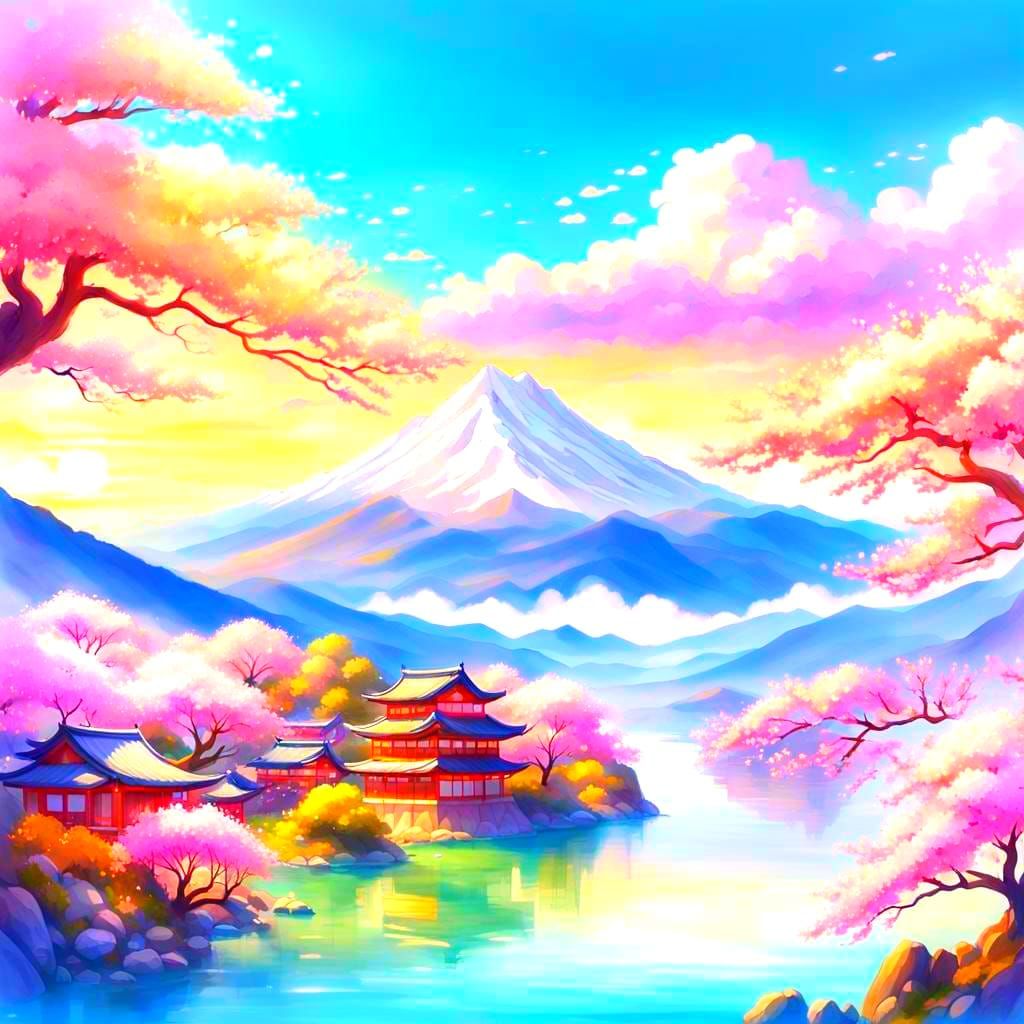 Cherry Blossom Mountain Range Above Clouds: 3D Anime Art