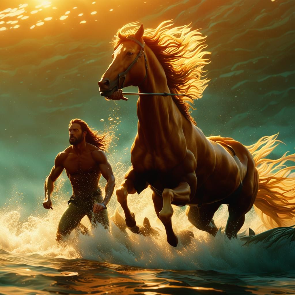 Aquatic Centaurs Spearfishing in Glistening Ocean Waves